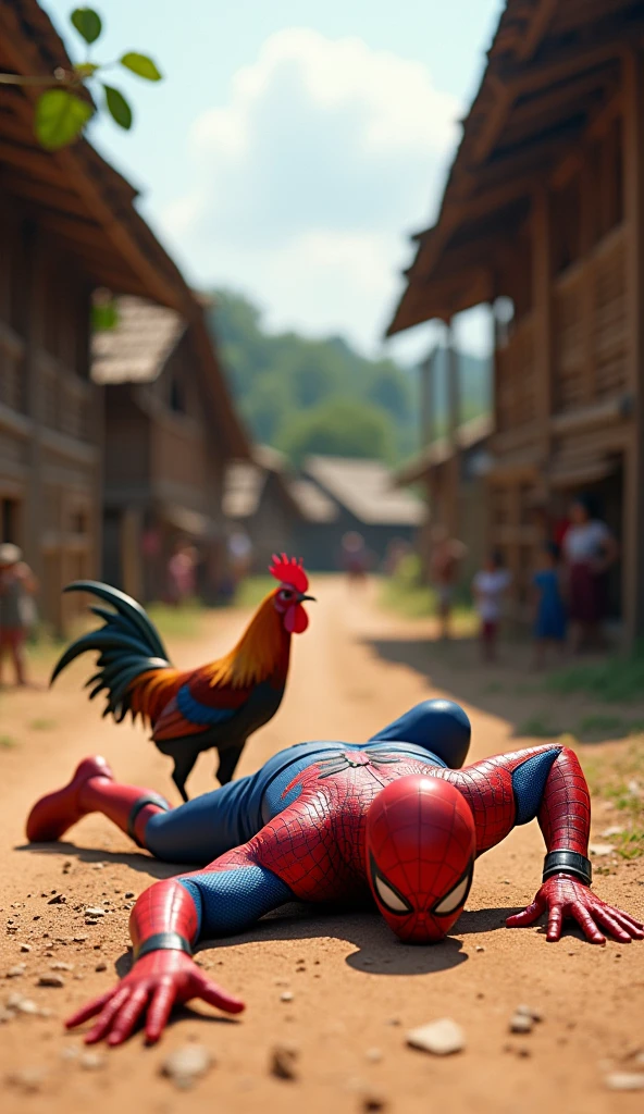 A highly realistic and humorous scene set in an Indonesian village. Spiderman, dressed in his iconic red and blue suit, has just fallen to the ground while trying to catch a lively, escaping rooster. The rooster, flapping its wings in a panic, is just out of reach, sprinting away with feathers flying. Spiderman is sprawled on the dirt path, looking surprised and slightly embarrassed, with one hand outstretched towards the rooster. The background features traditional village houses made of wood and bamboo, with a few curious villagers watching the scene and laughing. The atmosphere is lively and comedic, capturing the unexpected chaos of the moment, highly detailed, no blurring, perfectfingers.