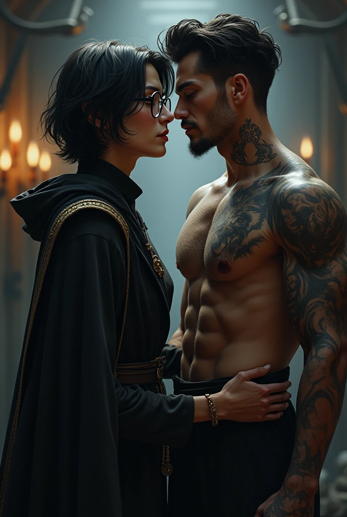 What would an average 2 man look like wearing thin, square glasses?, who is a powerful sorcerer who is in love with his best friend, a tall, strong man who is a military man and has a wolf tattoo on his chest, has medium black hair