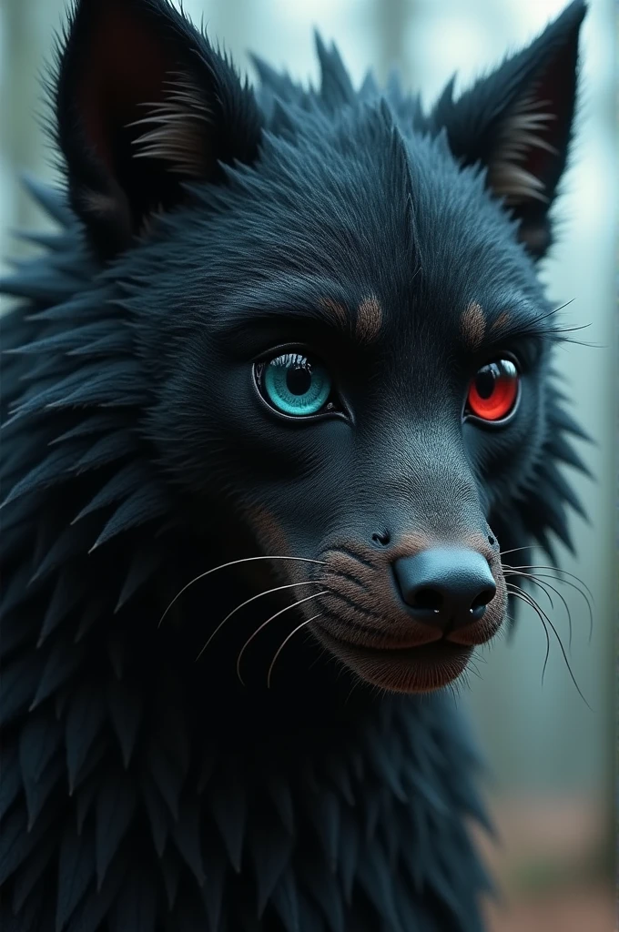 Imagine a man:
*the attractive face, black fur, small eyes, torn up, The pupil of one eye is dark red and the other is blue.