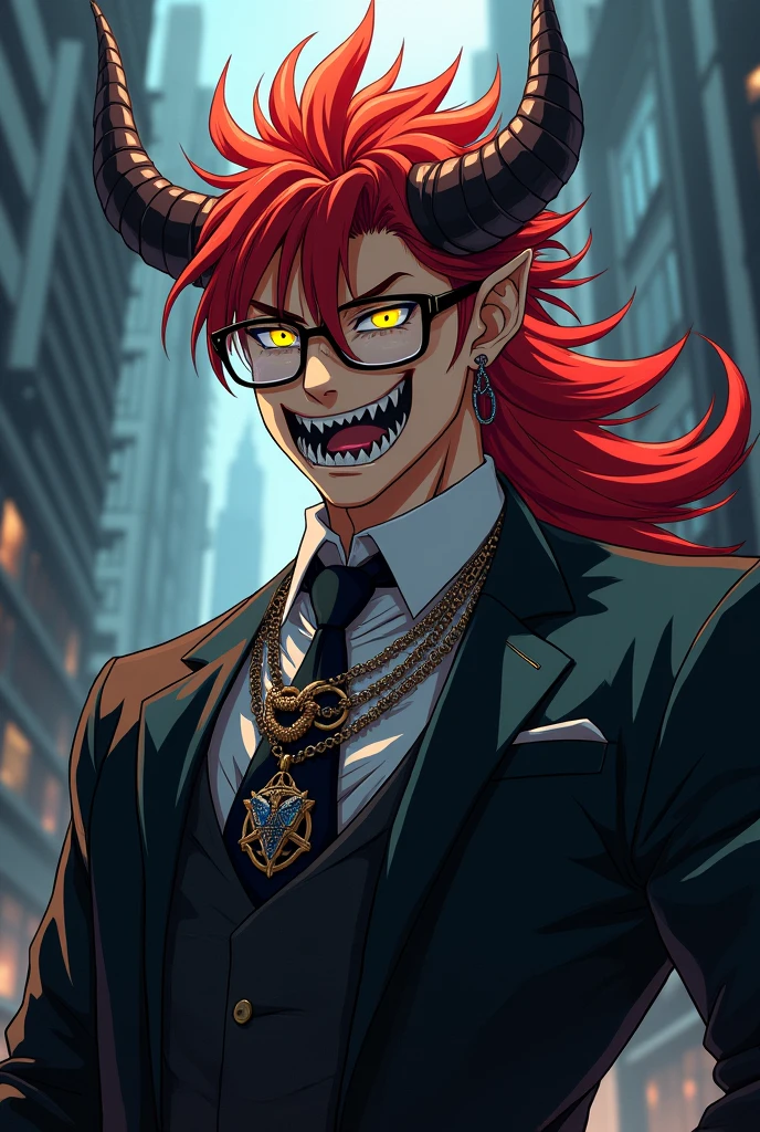 A man with red mullet haircut,horns and demon tail,yellow  eyes,sharped teeth,wear glasses,wears a suit and gothic accessories in the anime version
