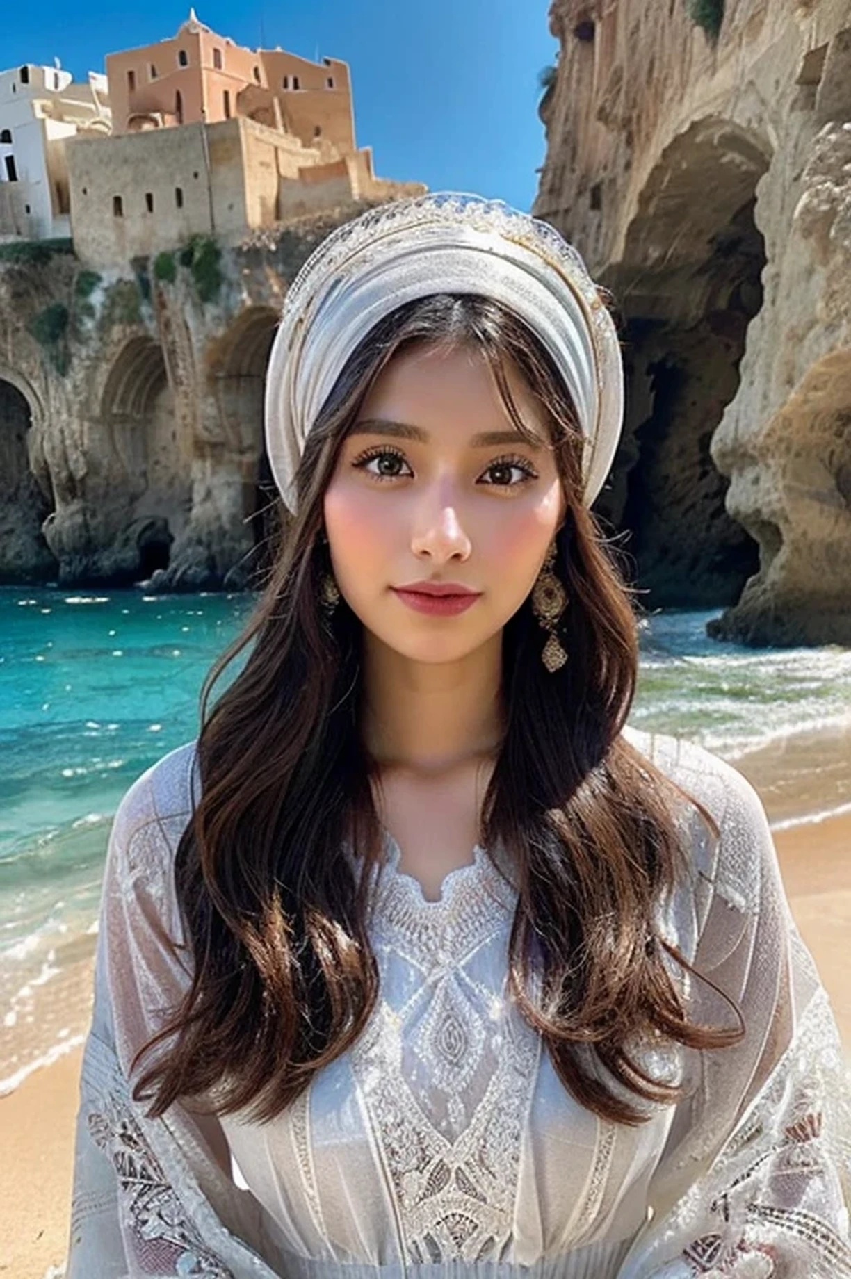 "A single Rifian Amazigh woman with fair skin, depicted in full body, standing gracefully in a traditional setting. She wears a flowing dress in deep gray and wearing a turban, adorned with intricate Amazigh patterns and traditional jewelry, reflecting the rich cultural heritage of the Rif region. Her expression is warm and inviting, capturing a deep sense of pride and connection to her culture. Her attire incorporates Mediterranean influences, such as delicate lace and subtle embroidery that evoke the sea's waves. In the background, the cityscape of Al Hoceima is visible, with charming white coastal buildings and the sparkling blue waters of the Mediterranean Sea. The surrounding mountains add to the stunning scenery, emphasizing the natural beauty of this coastal region. The scene captures the essence of Rifian culture, blending tradition, elegance, and the Mediterranean charm of the Moroccan coast.