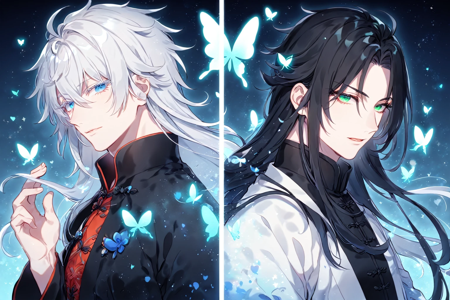 Ultra detailed, Highres, absurdres, HDR, master piece, Gojou Satoru, white hair with bangs, long hair, expressive blue eyes, white eyelashes, white Chinese clothes, Fushiguro Megumi, long hair, black hair, expressive green eyes, Jujutsu Kaiser, two sexy men together, gay couple, yaoi, handsome, glittering, blue butterflies, blue starry sky, magical, fantasy, manly men, black Chinese clothes, accessories