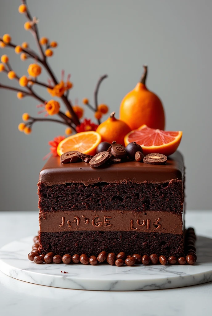 A very elaborate square-shaped chocolate cake with brightly colored masculine details and the name of "Jorge Luis"