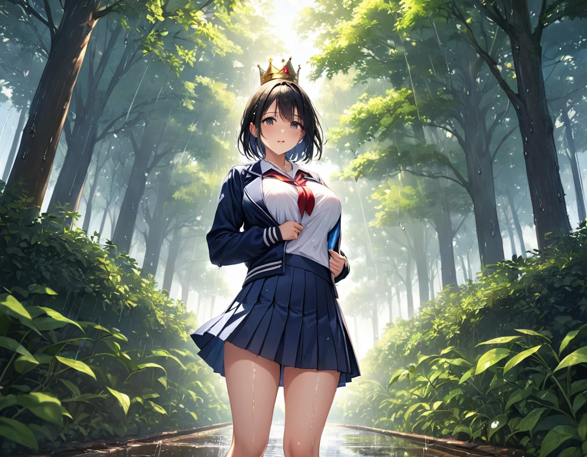 , (beautiful girl: 1.3),One person,masterpiece, Highest quality, Ultra-high resolution,Rich contrast,super high quality,8k,Highly detailed CG unit wallpaper,texture,Unbelievably absurd,Ultra-high resolution,RAW Photos,Depth of Field 1.2,Looking down,(Amazing panoramic views:1.3),(High School Uniform&Pleated skirt:1.5),Black Hair,Crown Blade,Very fine eye,(Sensual),Glowing Skin,loafers,雨にWet葉,Sunlight filtering through the trees,The scent of rain,Her jacket is open, revealing her chest.,blush,Haa,look up,(((Wet))),((Large Breasts)),After the Rain,Pencil drawing