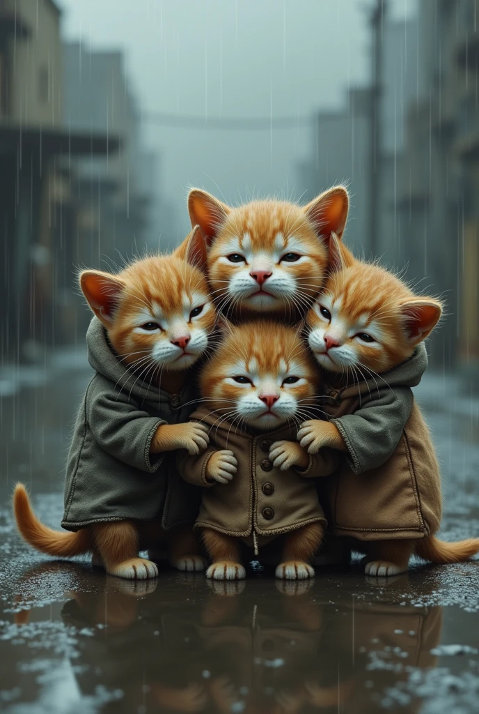 "A group of poor kittens, with simple, patched clothes, they are sad in the rain