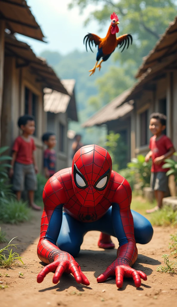 A highly realistic and humorous scene set in an Indonesian village. Spiderman, dressed in his iconic red and blue suit, has just fallen to the ground while trying to catch a lively, escaping rooster. The rooster, flapping its wings in a panic, is just out of reach, sprinting away with feathers flying. Spiderman is sprawled on the dirt path, looking surprised and slightly embarrassed, with one hand outstretched towards the rooster. The background features traditional village houses made of wood and bamboo, with a few curious villagers watching the scene and laughing. The atmosphere is lively and comedic, capturing the unexpected chaos of the moment, highly detailed, no blurring, perfectfingers.