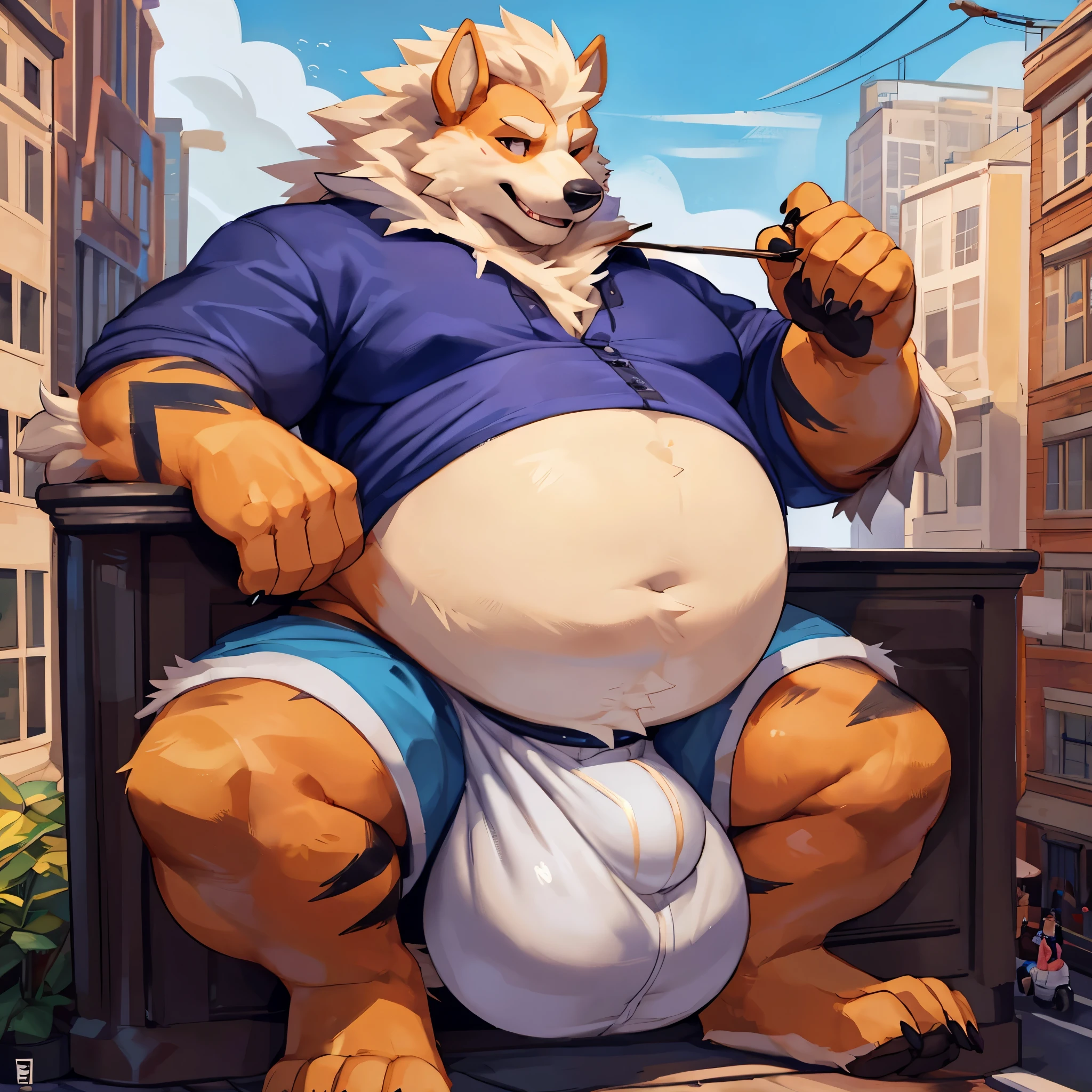 4k ultra quality, 4k half body view,ultra high detailed body,feral (arcanine),wide body,charming body,chubby body,chubby face,shiny fur, big belly, (round belly), hyper belly, enormous belly, enormous body,by mystikfox61, by glitter trap boy, by bebebebebe,by morethreedee, by seibear,(thick thigh),(chubby thigh),thicc thigh,thick legs,chubby legs,thicc legs,enomorous thigh,massive thigh,massive legs,(detailed thigh),(wide thigh),thick butt,sharp nails,(detailed face),bloated belly,enomorous thigh,detailed paws,thick paws,chubby paws,(loose shirt),feral legs,(loose shorts),tight bulge
,in a city,(macro),ultra bigger penis,thick penis,long penis,(detailed bulge),sitting on building, among crowd,((hyper penis, hyper balls, huge penis, huge balls, huge chode)),(embarrassed face),side view