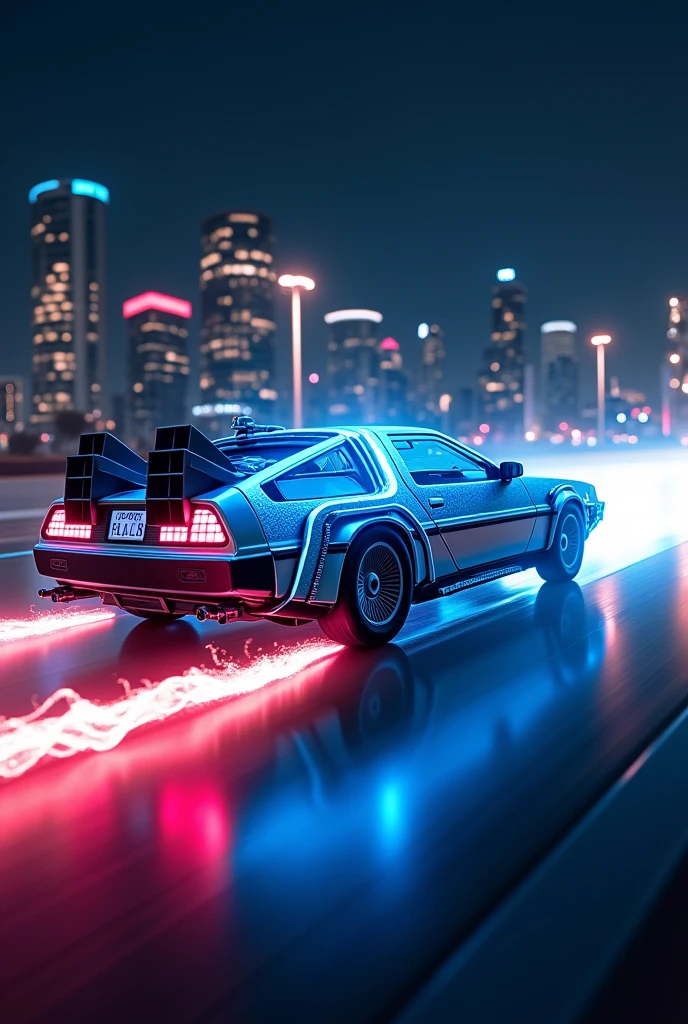 realistic Delorean\(back to the future\(movie\),((glowing blue)), (blue electric glow)\), at montevideo night, (beautiful red fire from the wheel track behind Delorean), ((shallow depth-of-field)), (bokeh), (lens flare), sharp focus,,((dynamic angle)),award winning photo, beautiful photo, very exciting racing photo,beautiful background