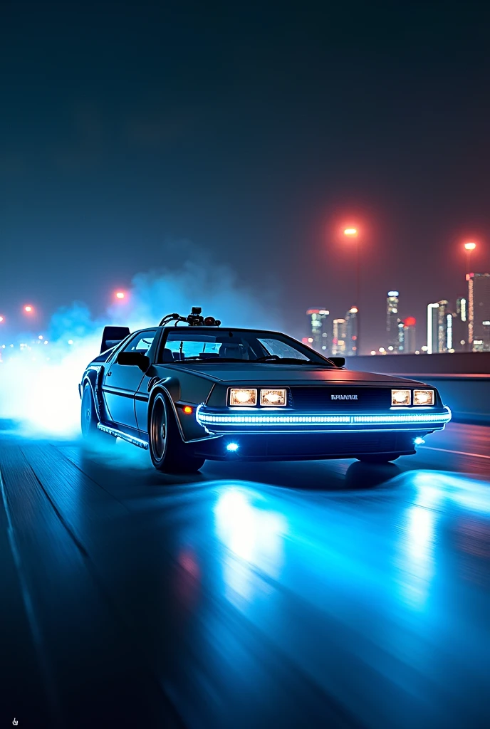 realistic Delorean\(back to the future\(movie\),((glowing blue)), (blue electric glow)\), at montevideo night, (beautiful red fire from the wheel track behind Delorean), ((shallow depth-of-field)), (bokeh), (lens flare), sharp focus,,((dynamic angle)),award winning photo, beautiful photo, very exciting racing photo,beautiful background