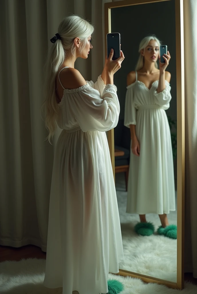 A woman with long white hair tied up,She will wear a white nightgown and a cute, furry green slipper,She will be taking a picture with her iPhone and showing her whole body in the mirror,It will be night and she will look in the mirror 