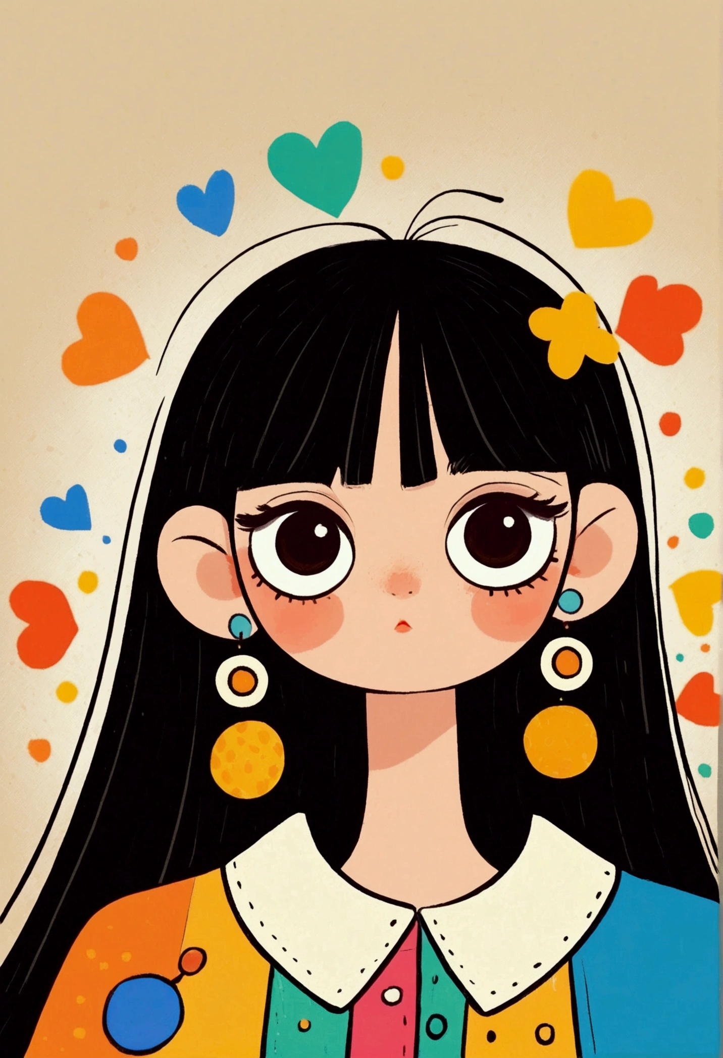 Flat Wind，Vector，Childish art cartoon，Cartoon girl with black hair and big earrings,big eyes，Cute expression，Bangs，Minimalism， White collar，Lovely art style, rich and colorful! Digital illustration style, The art of math. rich and colorful comic, Hand drawn cartoon art style，Solid color background，Black Lines