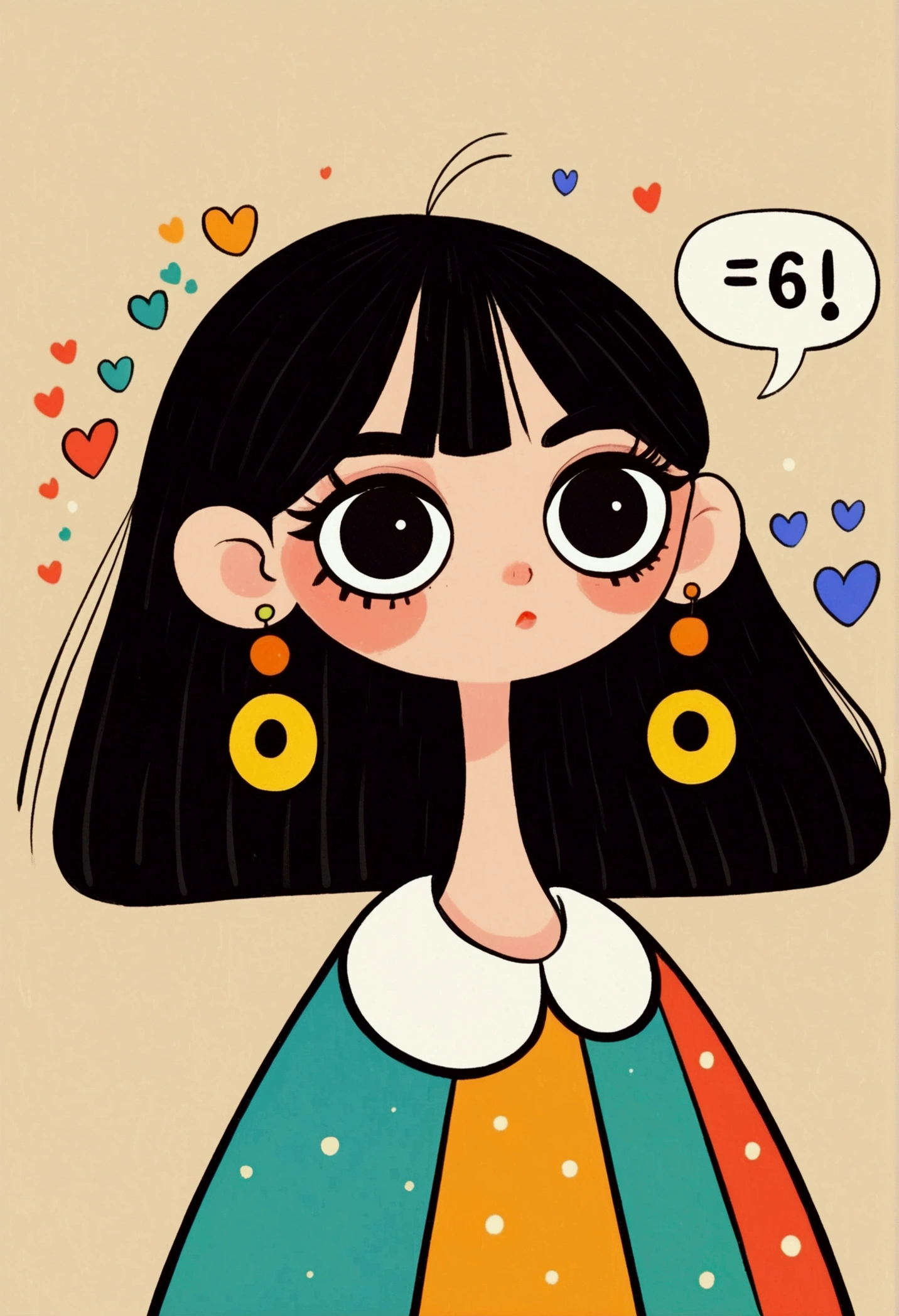 Flat Wind，Vector，Childish art cartoon，Cartoon girl with black hair and big earrings,big eyes，Cute expression，Bangs，Minimalism， White collar，Lovely art style, rich and colorful! Digital illustration style, The art of math. rich and colorful comic, Hand drawn cartoon art style，Solid color background，Black Lines