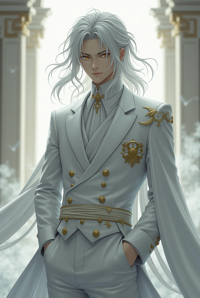 Sesshomaru Taisho a handsome king with the appearance of an angelic being , with golden eyes and silver hair, She is wearing a white Victorian suit