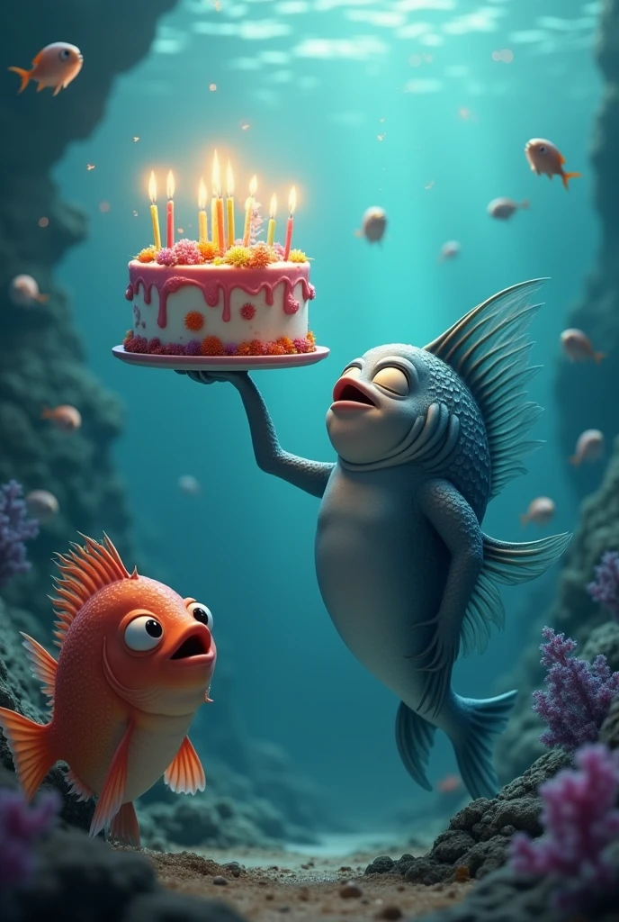 Imagine a gray fish , proudly holding a vibrant birthday cake adorned with lit candles in its fin. Nearby, a colorful flowerhorn fish watches with a curious and excited expression. The scene is set in an underwater world, with the soft glow of the cake's candles reflecting off the water and illuminating the surrounding aquatic environment. Capture the festive and joyful atmosphere of this unique underwater celebration!