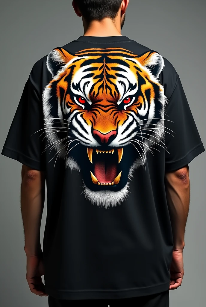 One t shirt printed by tiger over sized t shirt
t shirt back side
Tiger mouth is open
Tiger eyes is read
Tiger face is blade