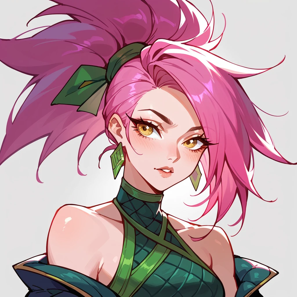 score_9, score_8_up, score_7_up, akali (league of legends), 1girl, yellow eyes, pink hair, sexy, full body, squinty eyes, earrings, light pink hair, long eyelashes, sexy bunny girl, big bust