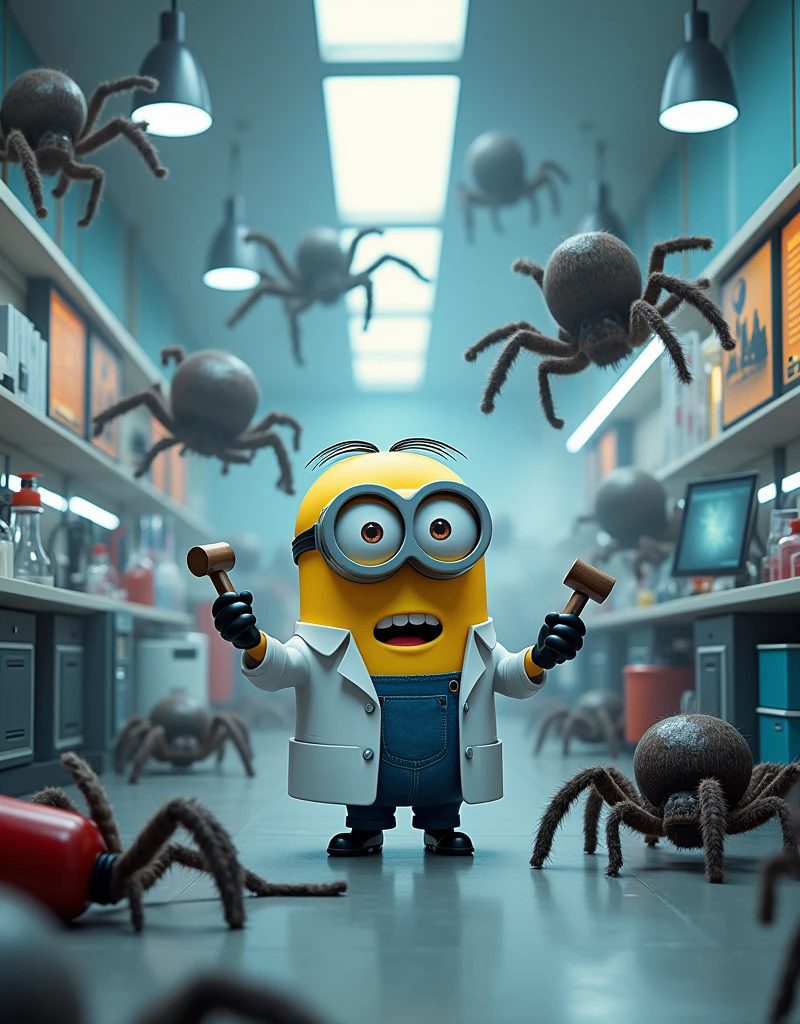 Minion Kevin wearing a scientist suit with a tense expression is fighting spiders in the lab, use tools such as screwdrivers, hammer, and fire extinguishers to fight them. Spiders surround Kevin, while he attempts to protect important scientific equipment.A modern laboratory with bright lights, nhiều màn hình hiển thị hình ảnh trực tiếp từ một thành phố đang bị tấn công bởi nhện khổng lồ. there are scientists lying down