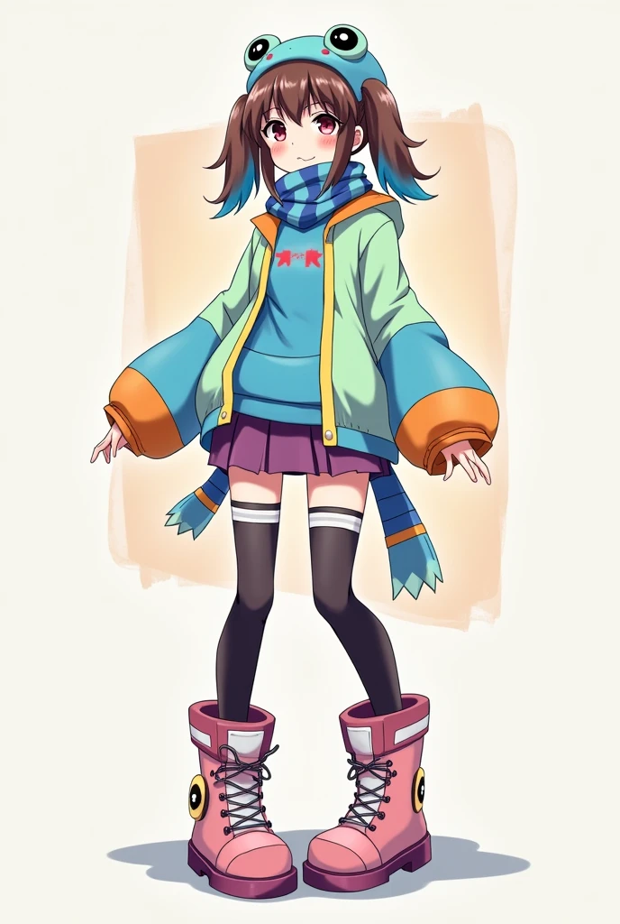Create an anime style girl with a blue sweatshirt under a light green jacket with orange and blue sleeves, with a frog cap, short purple and yellow skirt, with a blue and red scarf, with long black and white stockings, with pastel red and dark purple boots, with hair in long pigtails half blue and half brown, with giant tits and with a giant ass