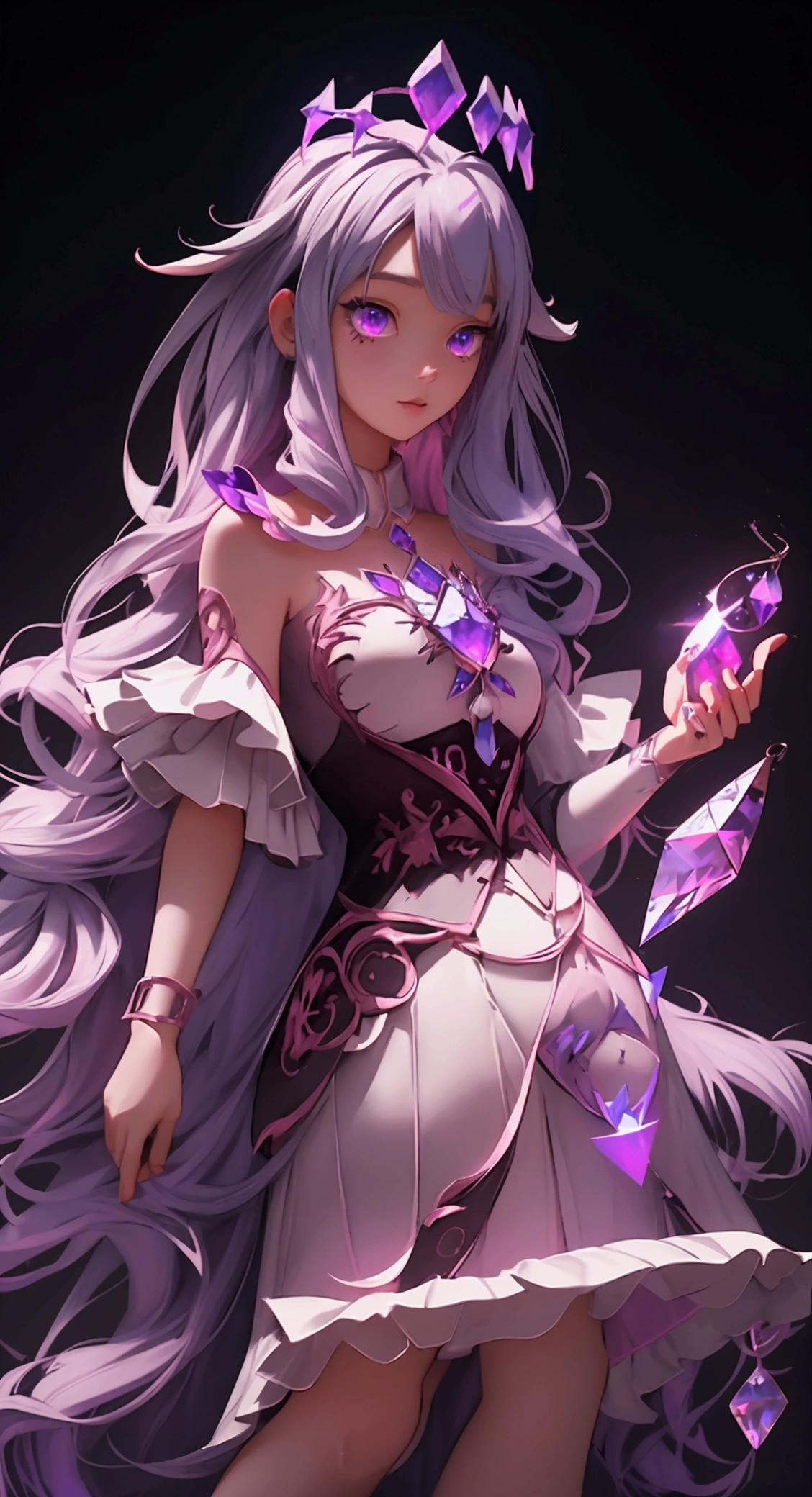 envision a 8k, highres, cinematic, beautiful full body design sheet of a short adult girl named Koseki Bijou with long pinkish gray hair, a jeweled crown, purple eyes, wearing a white dress with magic attachments and bright colorful crystal armor plates against a dark background