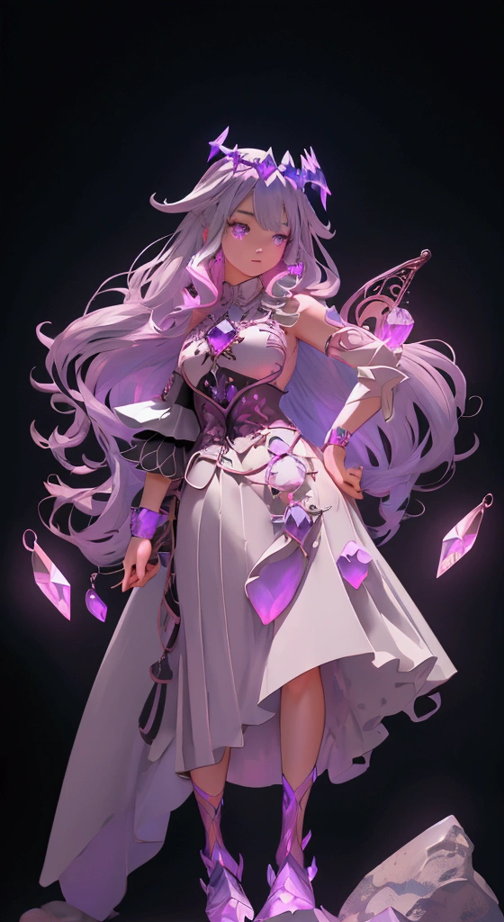 envision a 8k, highres, cinematic, beautiful full body design sheet of a short adult girl named Koseki Bijou with long pinkish gray hair, a jeweled crown, purple eyes, wearing a white dress with magic attachments and bright colorful crystal armor plates against a dark background