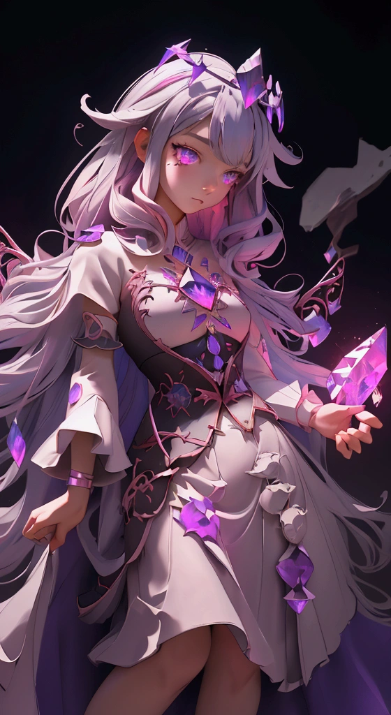 envision a 8k, highres, cinematic, beautiful full body design sheet of a short adult girl named Koseki Bijou with long pinkish gray hair, a jeweled crown, purple eyes, wearing a white dress with magic attachments and bright colorful crystal armor plates against a dark background