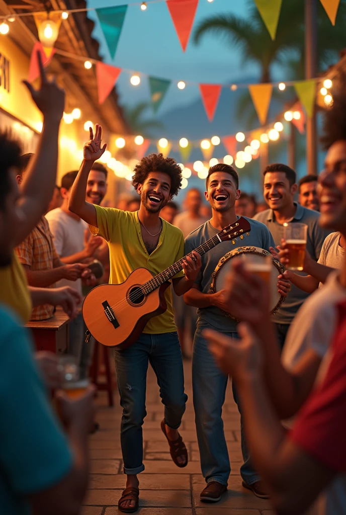 **Prompt for image generation:**
Create the scene of a lively Rio bar, full of energy and joy. At the center, a group of musicians plays pagode, with instruments like cavaquinho, tambourine and tambourine. They are smiling and having fun while playing, wearing typical casual clothes from Rio de Janeiro. ao redor, people dance and sing, with glasses of beer in their hands, celebrating the moment with enthusiasm. The atmosphere is relaxed, with wooden tables, plastic chairs and colorful flags hanging, complementing the vibrant and authentic atmosphere of a bar in the south zone of Rio, at dusk.