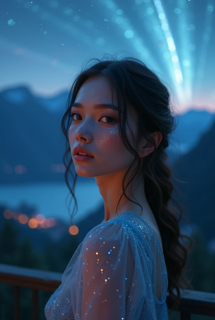 an extremely beautiful woman, tender, full lips, small nose, grayish eyes, sparkles on the face, lip gloss, phosphorescent light, Blue dress, on a balcony at night, meteor shower, mountains of switzerland