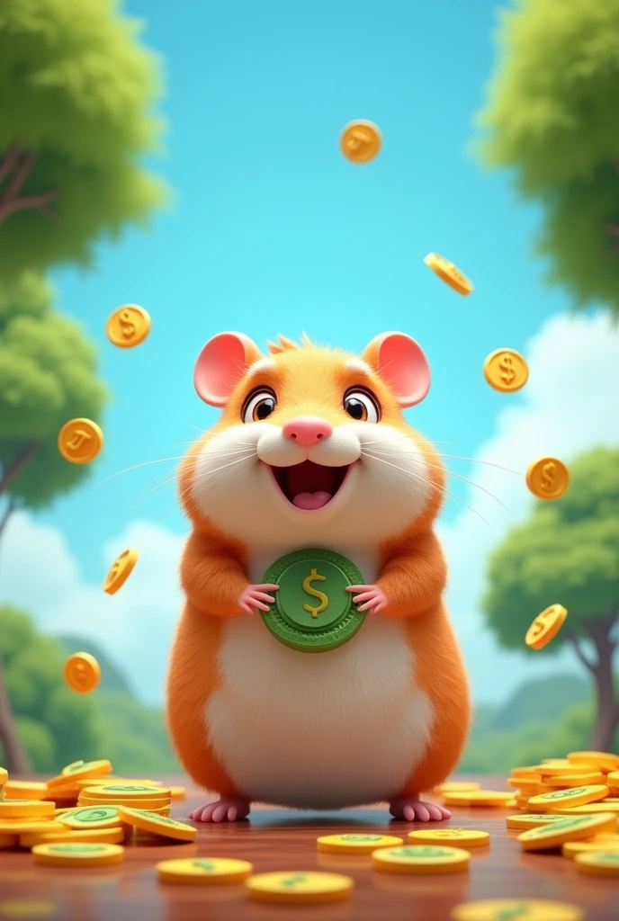 Make a poster in which there is sky in the background or a model hamster or some 3D emoji of money or add some profit emoji in the background or add neutral green trees as well and real game show poster size 9:16