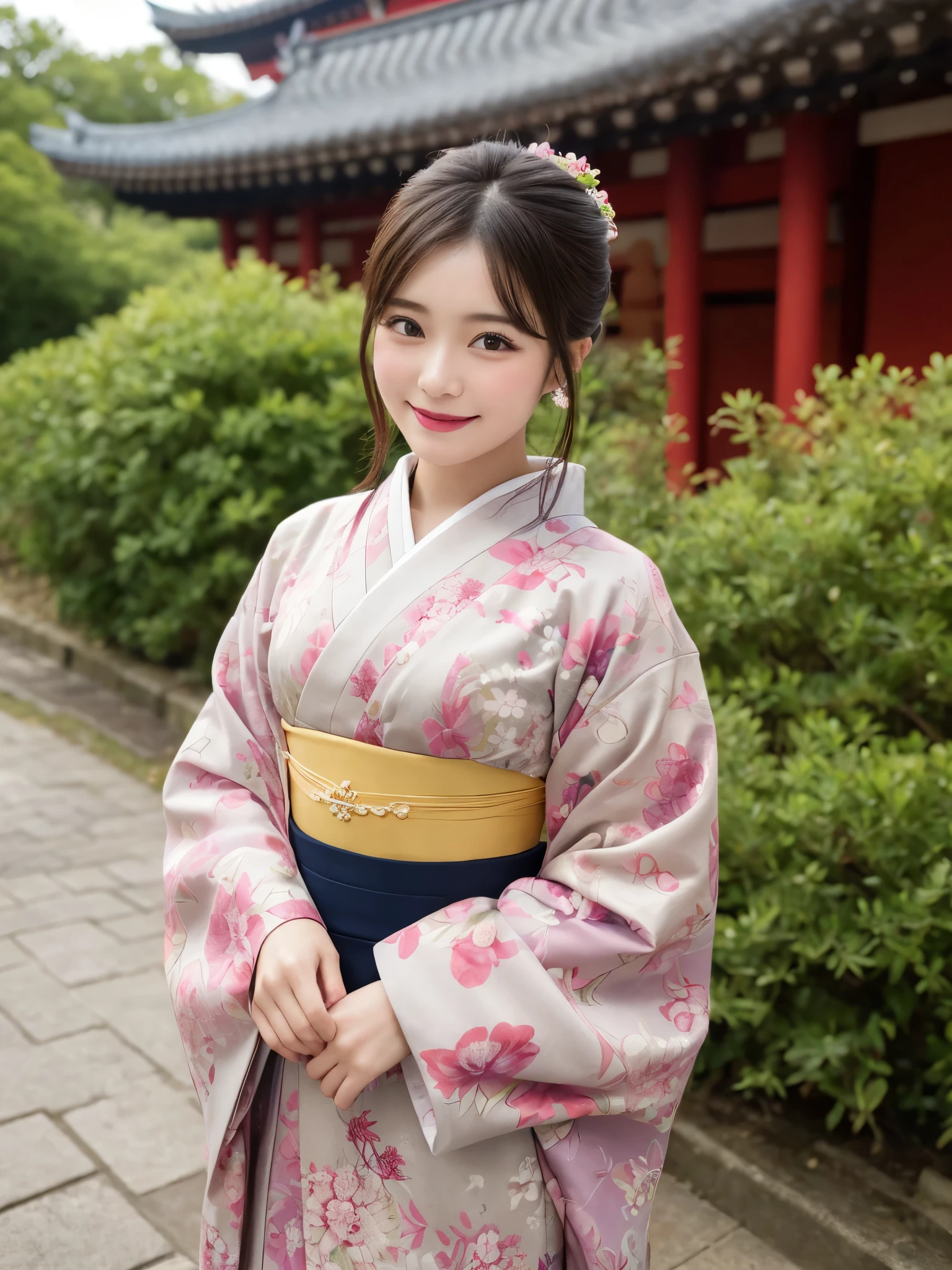 1girl, solo, highres, best_quality, masterpiece, detailed_background, intricate_details, beautiful, nara, kofuku_ji, pagoda, temple, historical, traditional_clothes, kimono, smile, looking_at_viewer, dynamic_pose, natural_pose, candid, happy