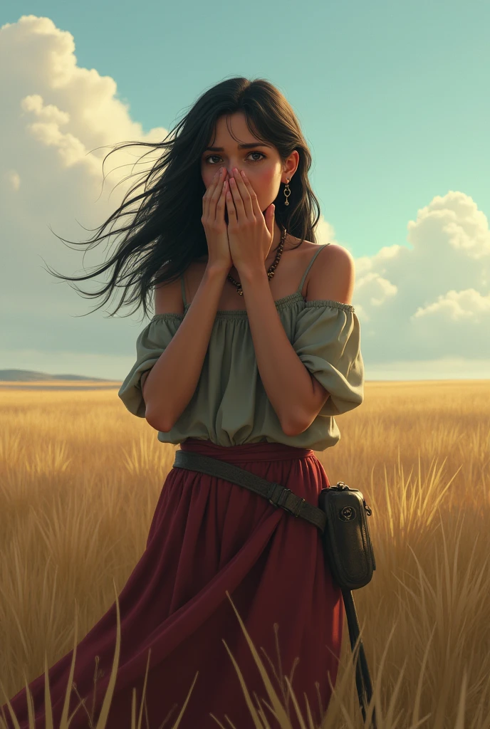 A , Maya, stands alone in the field, his face filled with worry and fear. He’s calling out, with his hands cupped around her mouth, looking around desperately for her lost horse.