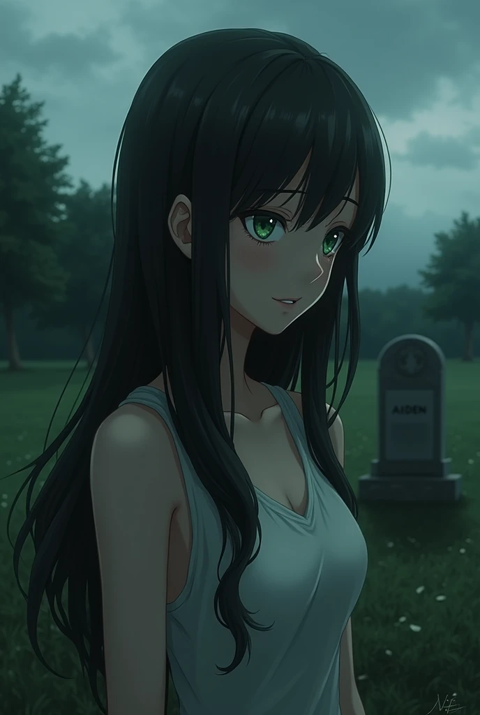 Anime girl with long black hair, purples eyes, light brown skin, Her dress is dirty and torn, black marks on her body with ink rolling down her face and causing her to stand in a forest