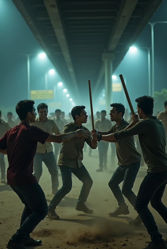 Create a youtube thumbnail, where the students come together and beat the Bangladesh Ansar force members with sticks in the light of road lights around 9 pm, while the Ansar force members try to run away under a fly over.