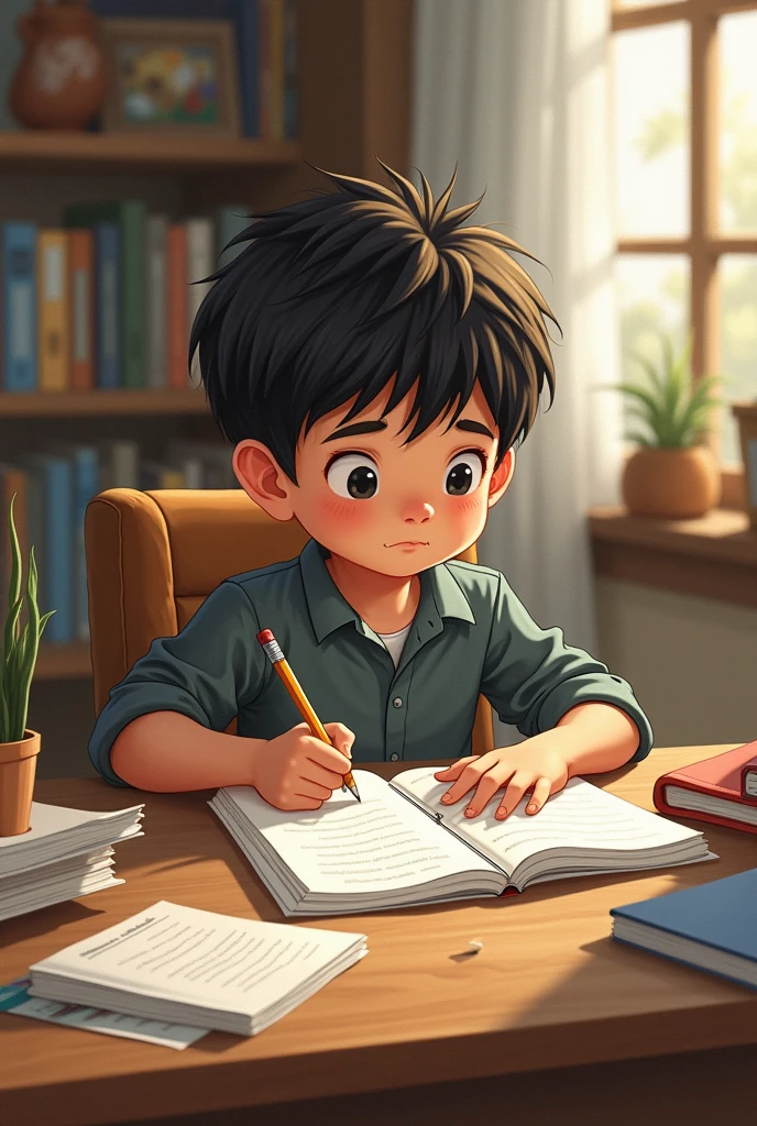 illustration, boy, doing his homework