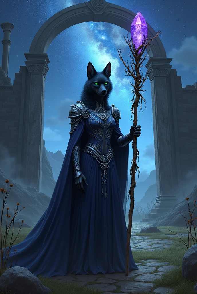  black female werewolf with green eyes wearing a ceremonial navy blue cape and smooth, simple, shiny angelic silver armor. She holds a wooden staff with a vine wrapped around it and a purple crystal at the end., where it points to the sky She is in front of a dimensional portal in ruins, placed in an open field, She points her staff at the sky where it is full of stars