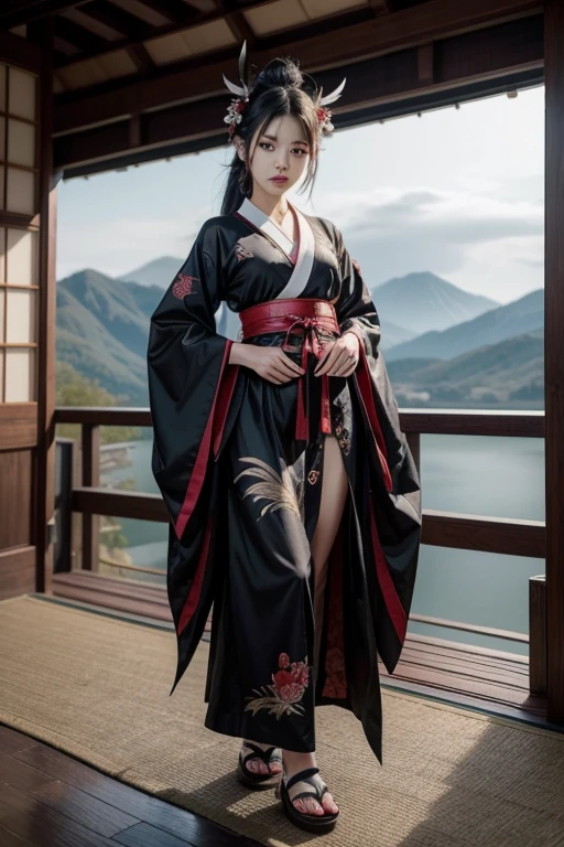 Big Tits,Big Ass,

Female Tengu Costume • Kimono:
	• color: Deep red or black、Kimono with strong colors such as dark purple as the base color。This shows her majesty and awesomeness.。
	•	Design: The kimono features clouds and mountains、Embroidered with natural motifs such as wind.、It shows her connection to the forces of nature.。The hem and sleeves are long、With a graceful swaying design、Every time you move it gives the impression of dancing with the wind.。The sleeves and collar are decorated with gold and silver threads.、Creates a mysterious atmosphere。
	• Obi: The belt is black or gold.、It is tied in a gorgeous way。For the obi decoration、It is inscribed with the spirit of the mountain and talismans to ward off evil.、It is a symbol of her power.。
	•accessory:
	• Mask: Female Tengu may wear only half of a traditional Tengu mask.。The masks are white or red、He has a sharp nose and strong eyebrows.。When you take off your mask、Beautiful but cold expression、Emphasizes the fearsomeness of Tengu。
	•	Hair ornament: Long hair、Black hair tied up、There were gold and silver hairpins、It is decorated with feathers that symbolize the wind.。Hairstyle、In traditional Japanese style、It gives a sense of elegance and strength at the same time.。
	• Feet:
	• He is wearing high wooden clogs.、You can walk without making a sound。It is said that there is a mechanism on the bottom of the geta that creates wind.、There is a legend that just walking makes the wind blow.。

Female Tengu Makeup • Skin Color:
	• White skin、It gives the impression of being cold like snow.。This emphasizes her supernatural presence.。
	• eye:
	• Eye makeup uses dark black and crimson shadows.、Creates strong shadows around the eyes。This、The eyes look sharp、It emphasizes her strength and mystique.。Eyeliner is long、Draw the outer corner of the eye slightly upwards.、Reflecting traditional Japanese aesthetics、Expressing the fearsomeness of Tengu。
	• eyeの色は金や赤で、Unlike normal humans、She has a mysterious and strong gaze.。This、It brings out her mysterious and powerful presence.。
	• Lips:
	• LipsはDeep red or blackで彩り、It gives a feeling of coldness and strength。The lip line is clearly drawn、Adds an edge to her beauty。
	•	Other details:
	• On the cheeks、Thin lines and symbols representing wind and thunder are drawn.、Showing her power as a Tengu。
	• Dark eyebrows、It is drawn in a strong and firm shape.、It emphasizes her dignity。