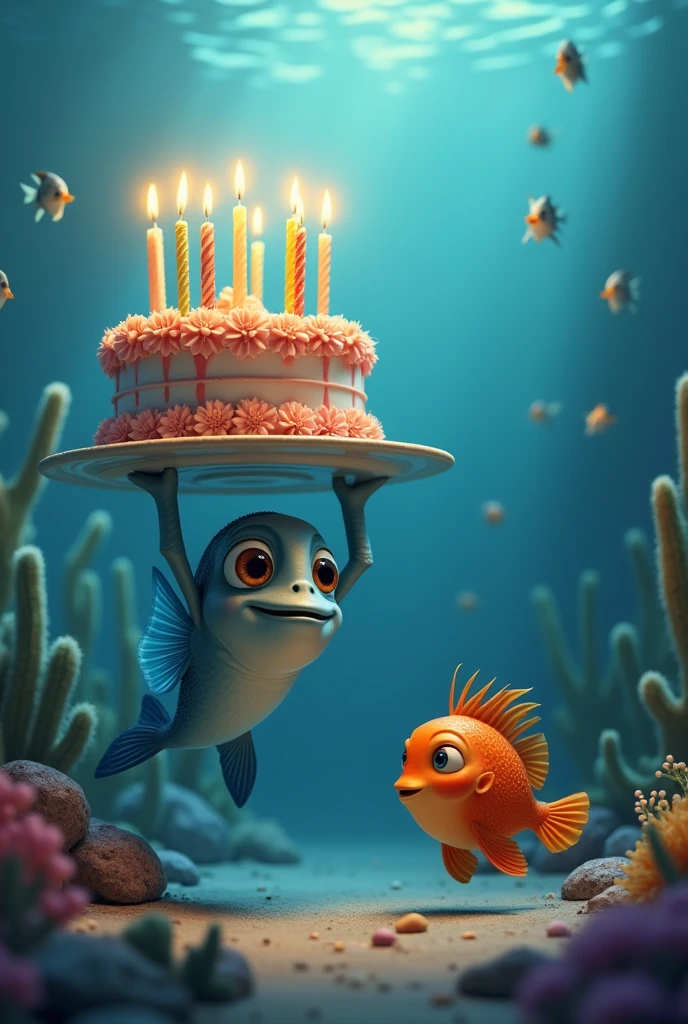 Imagine a gray fish , proudly holding a vibrant birthday cake adorned with lit candles in its fin. Nearby, a colorful flowerhorn fish watches with a curious and excited expression. The scene is set in an underwater world, with the soft glow of the cake's candles reflecting off the water and illuminating the surrounding aquatic environment. Capture the festive and joyful atmosphere of this unique underwater celebration!