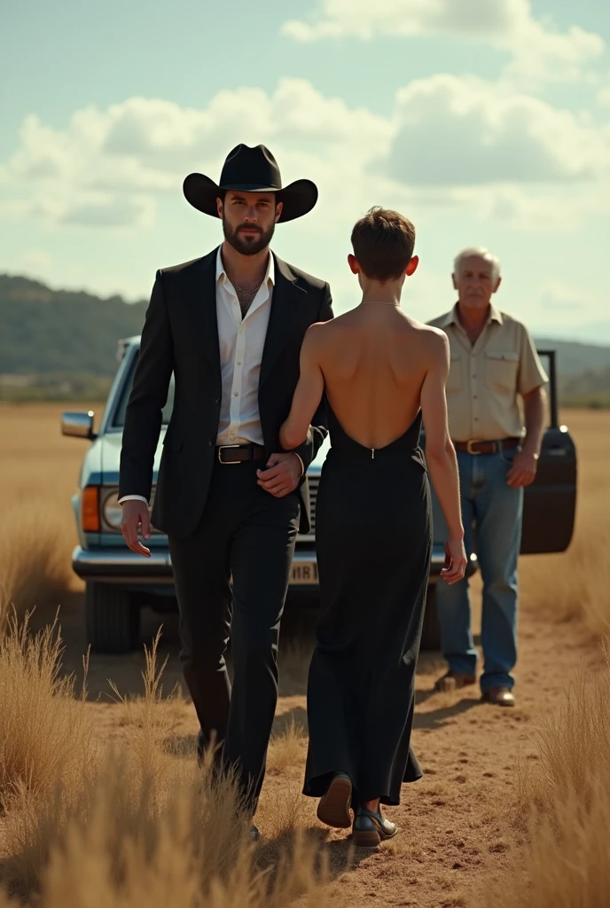 A handsome handsome man in a black dress and a black cowboy hat getting off a car with his gay boyfriend who was shirtless, skinny, white skinned, while his grandparents welcomed him to their ranch. The grandparents had clothes on.