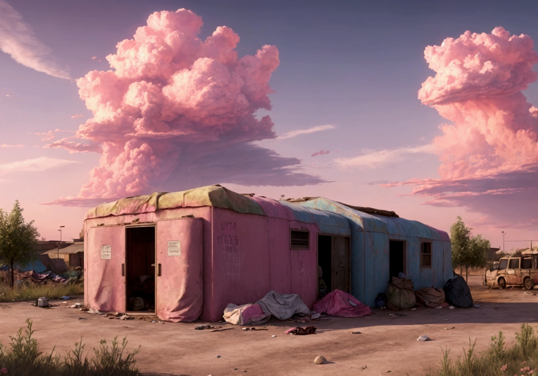 summer, wasteland, ((homeless)), pink clouds, a land covered in roses, James Gurney, art station rendering, ultra-wide angle lens, High definition