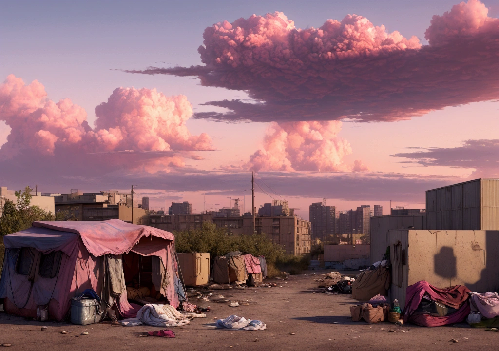 summer, wasteland, ((homeless)), pink clouds, a land covered in roses, James Gurney, art station rendering, ultra-wide angle lens, High definition
