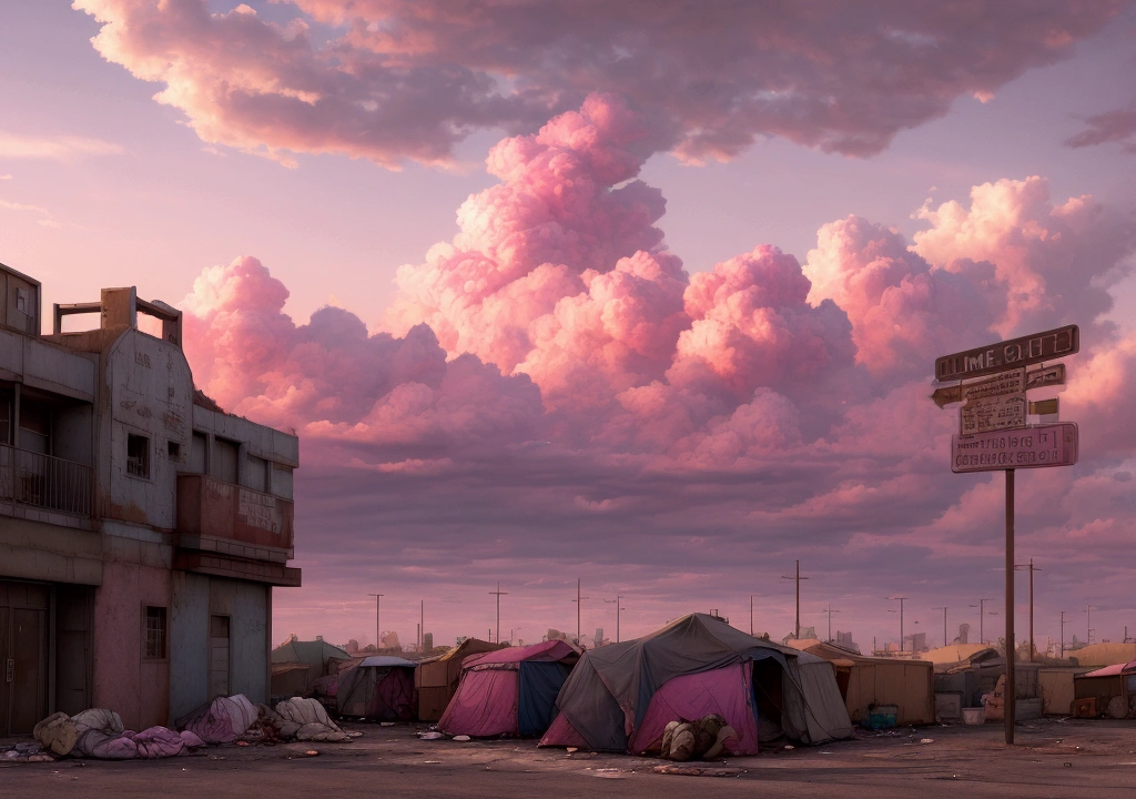summer, wasteland, ((homeless)), pink clouds, a land covered in roses, James Gurney, art station rendering, ultra-wide angle lens, High definition