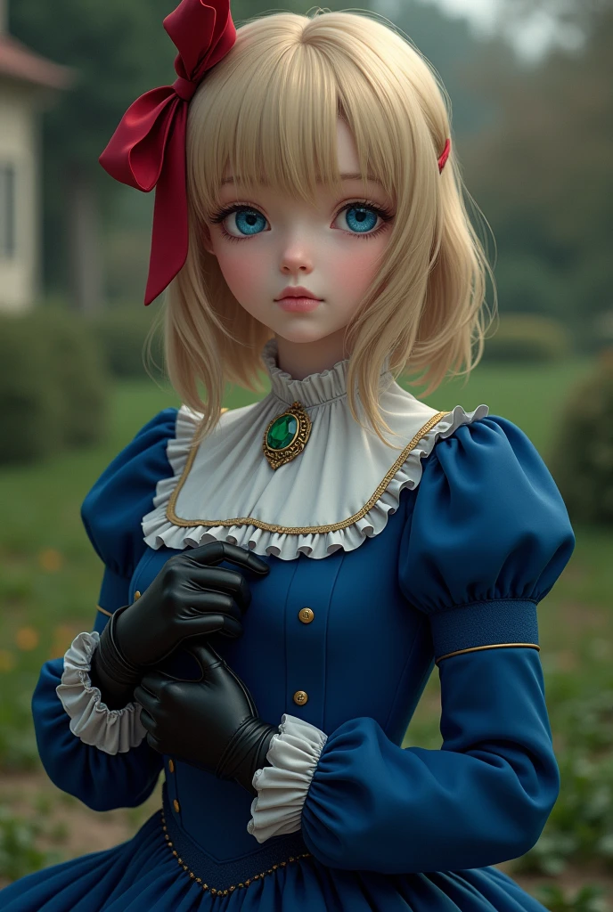 France in the 1890s。The main character of Violet Evergarden has blonde shoulder-length hair with a red ribbon.。She is wearing a classical aristocratic outfit based on ultramarine blue, with a white ribbon on her chest and an emerald necklace in the center.。He has black leather gloves on both his arms.。She has very beautiful blue eyes。In the background you can see a slightly blurred French garden.。She always looks sad and lonely。Beautiful and realistic photos