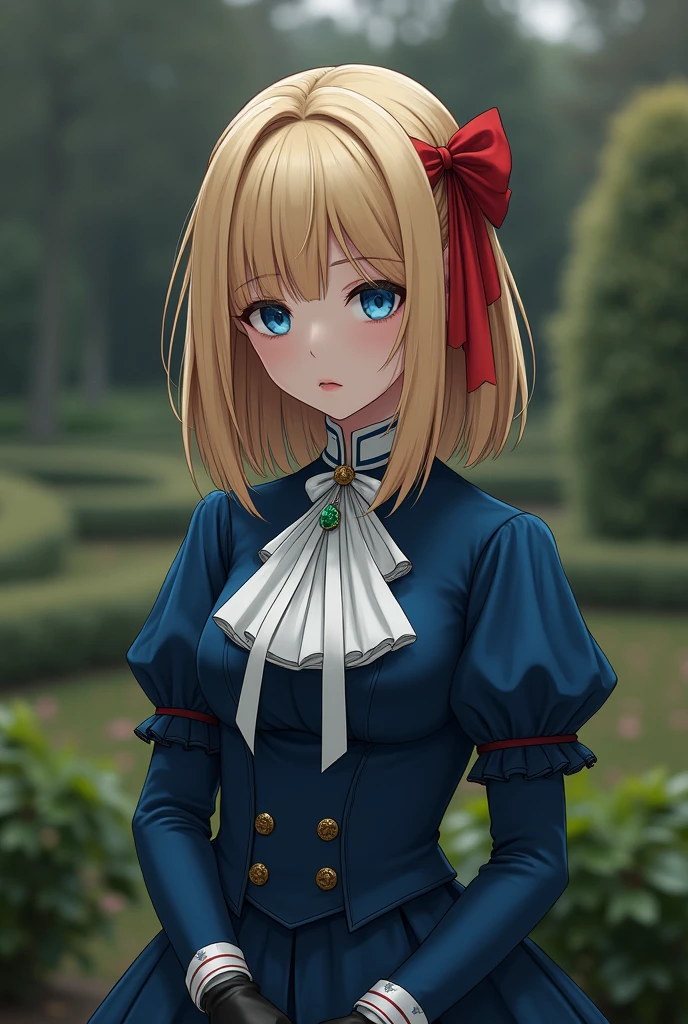 France in the 1890s。The main character of Violet Evergarden has blonde shoulder-length hair with a red ribbon.。She is wearing a classical aristocratic outfit based on ultramarine blue, with a white ribbon on her chest and an emerald necklace in the center.。He has black leather gloves on both his arms.。She has very beautiful blue eyes。In the background you can see a slightly blurred French garden.。She always looks sad and lonely。Beautiful and realistic photos