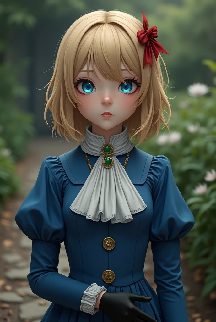 France in the 1890s。The main character of Violet Evergarden has blonde shoulder-length hair with a red ribbon.。She is wearing a classical aristocratic outfit based on ultramarine blue, with a white ribbon on her chest and an emerald necklace in the center.。He has black leather gloves on both his arms.。She has very beautiful blue eyes。In the background you can see a slightly blurred French garden.。She always looks sad and lonely。Beautiful and realistic photos