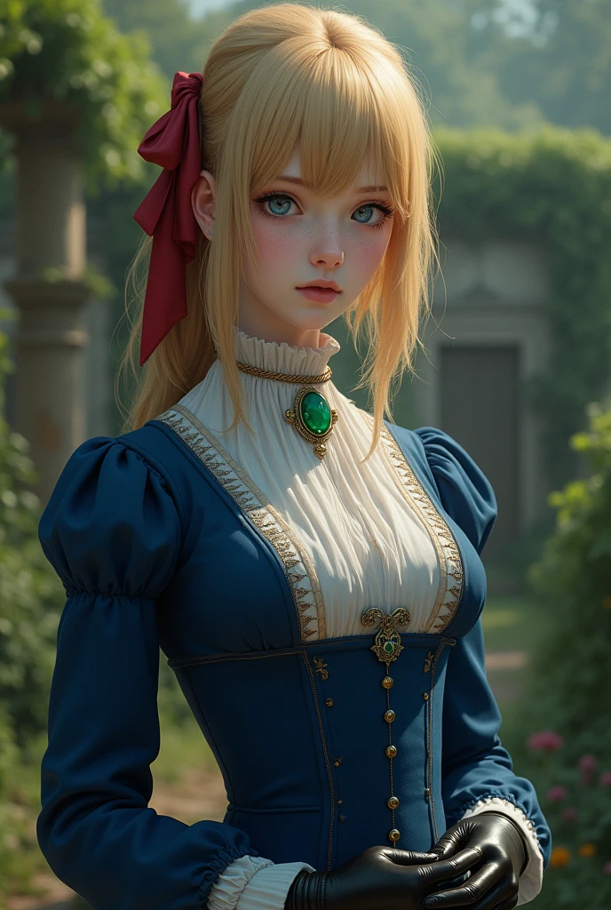 France in the 1890s。The main character of Violet Evergarden has blonde shoulder-length hair with a red ribbon.。She is wearing a classical aristocratic outfit based on ultramarine blue, with a white ribbon on her chest and an emerald necklace in the center.。He has black leather gloves on both his arms.。She has very beautiful blue eyes。In the background you can see a slightly blurred French garden.。She always looks sad and lonely。Beautiful and realistic photos