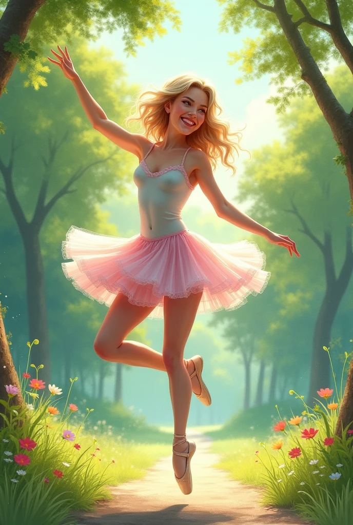 ballet dancer jumping outdoors, with nature, smiling, but shoulder-length blonde and colorful watercolor art