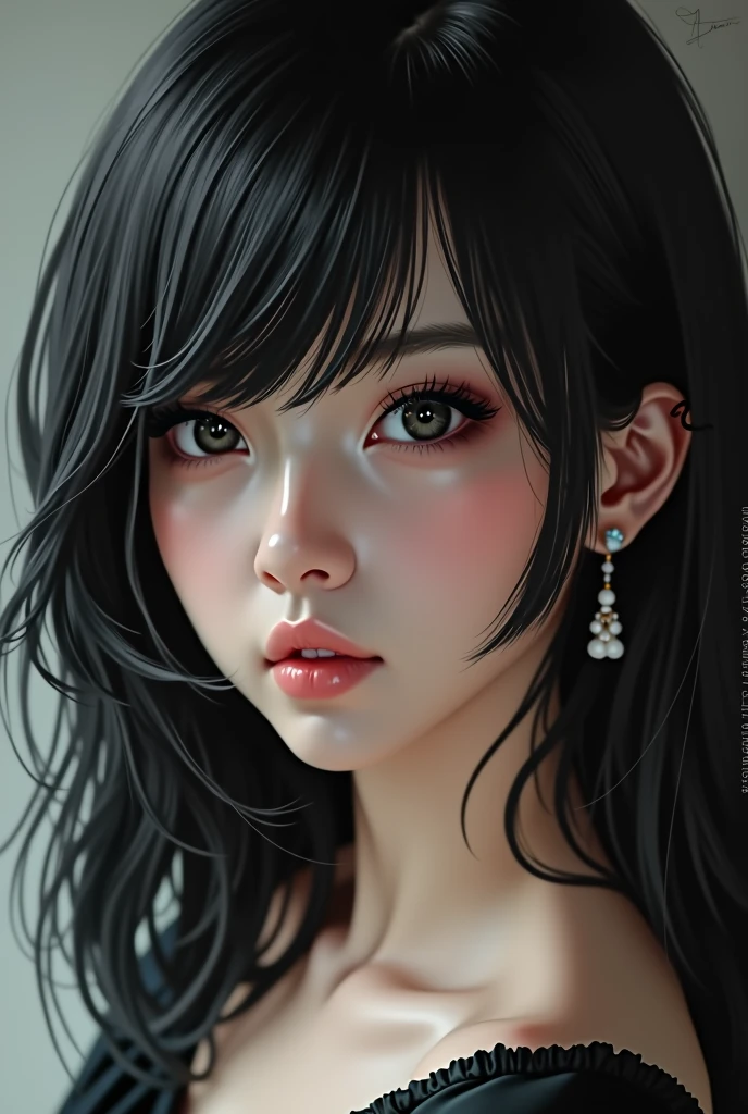 Fair-skinned, black hair, long bangs, super beautiful