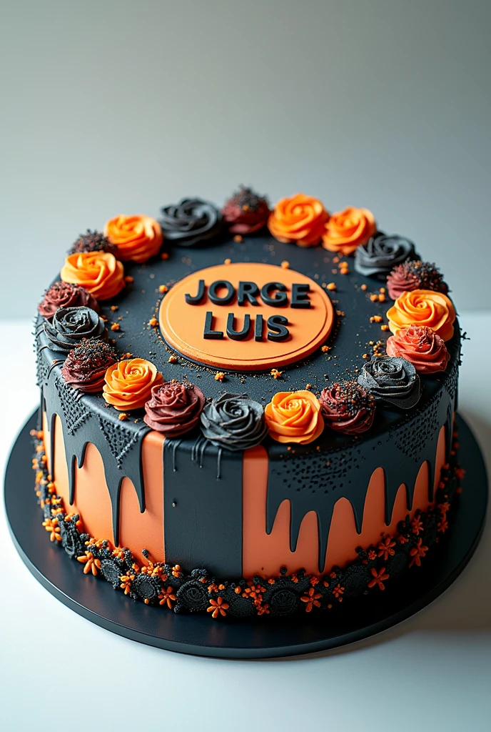 A very elaborate circular cake with masculine details in bright colors and with the name of "Jorge Luis"