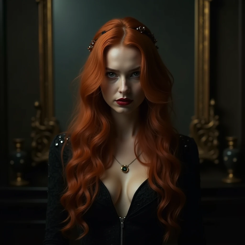 Generate a cinematic-style image, as if from an award-winning Hollywood feature film, featuring a gorgeous professional female Instagram influencer model with long reddish-blonde hair and captivating eyes. She is an attractive vampire princess in a dark and mysterious scene. The scene should have a dramatic, wide-angle composition with high-quality lighting and textures. Use keywords like "Cinematic", "award-winning", "wide angle", "hyperrealistic", "dramatic composition", "high-quality lighting", "vampire princess", "dark and mysterious", and "dynamic".