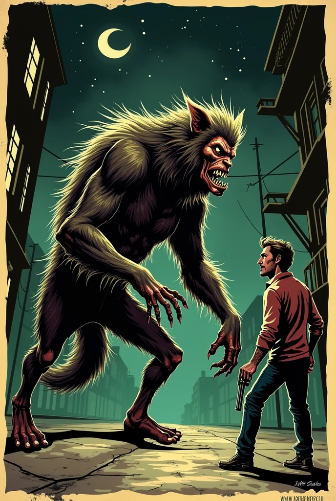 Create art in the style of a vintage poster, old movie posters, from the next scene: when the man with the revolver in his hand approached the sidewalk, a colossal figure emerged from the shadows, advancing towards him with terrifying speed. It was a werewolf. His body was a grotesque mixture of man and wolf., a mass of torn and twisted flesh, covered in a shaggy black coat that seemed to absorb the little light that the night offered. 