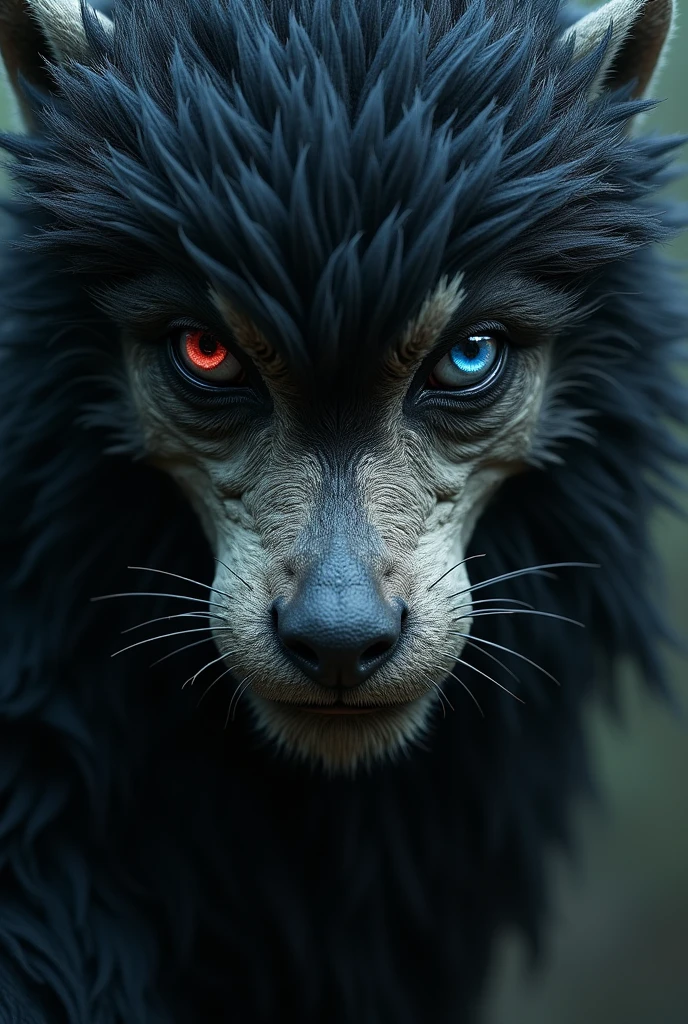 A man, the attractive face, black fur, small eyes, torn up, The pupil of one eye is dark red and the other is blue.